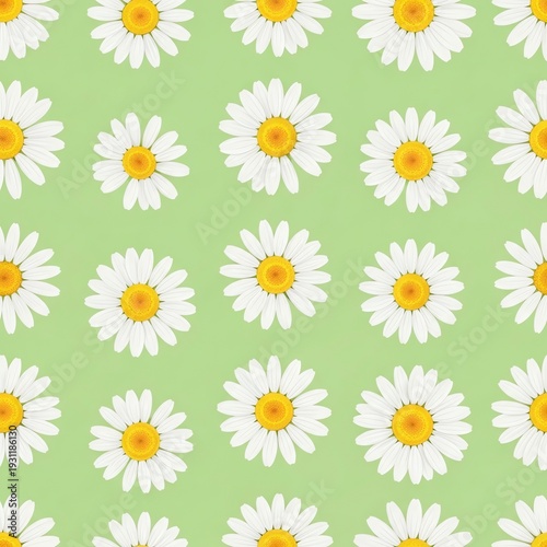 Seamless pattern of white daisies with yellow centers on a light green background, showcasing a repeating floral design.