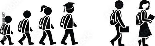 Children and Adults Walking With Backpacks and Books Icons people figures