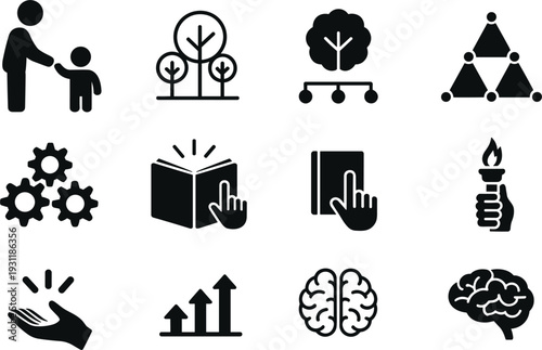 Collection of black education and learning concept icons on white background symbols knowledge