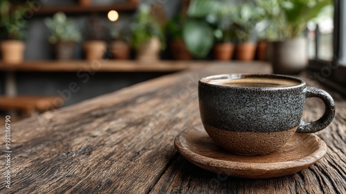  A Ceramic Cup of Dark Brew on a Wooden Table with Plants in a Cozy Indoor Cafe Ambiance.