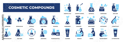 Cosmetic Compounds icon collection set. Containing design Cosmetic Compounds, Skin Care Products, Cosmetic Science, Botanical, Essential Oils
