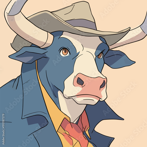 A cow in a hat and coat looks serious while standing in front of a plain background. The cow appears cartoon-like and colorful.