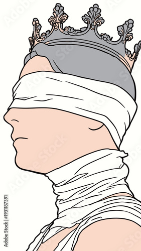 A woman stands in profile wearing a crown and a blindfold. Her neck is wrapped in white fabric. She has grey hair and a calm expression.
