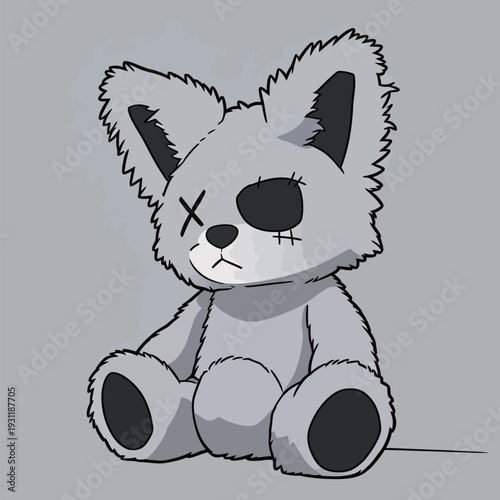 A soft toy sits on a grey background. The toy has stitched eyes and an expressionless face. It looks like a plush animal.