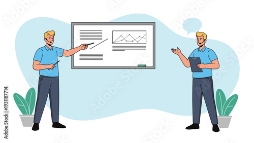 Two male speakers in blue shirts and headsets giving a technical presentation using a whiteboard with various data graphs.