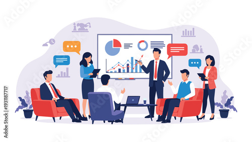 Group of business professionals having an active discussion and presentation in a comfortable lounge with armchairs and charts.