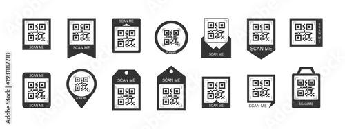 Scan me Frame. Mobile payment by phone camera Scan in Frame with barcode button and QR code. Shop identification icon for retail app and blank sticker template. Vector illustration.