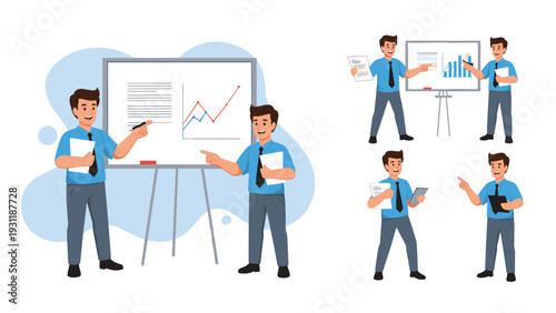 Set of illustrations featuring a male speaker in a blue shirt and tie giving a presentation and pointing at a whiteboard with graphs.