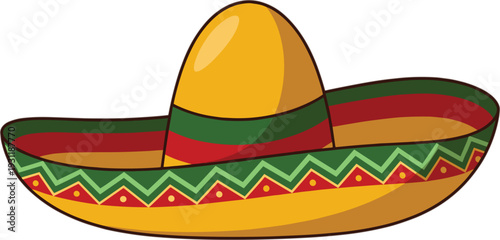 Colorful cartoon Mexican sombrero hat illustration with festive decorative patterns in yellow, red, and green, traditional cultural attire design for celebrations, holidays, and artistic projects