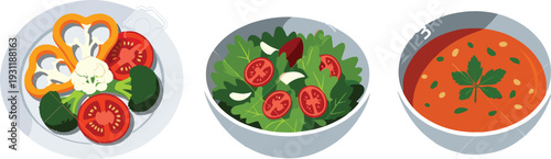 Healthy food illustration featuring fresh sliced vegetables, leafy green salad, and tomato soup, nutritious meal design emphasizing wellness, vegetarian cuisine, and balanced diet for culinary 