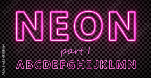 Pink font made with led neon tube isolated on transparent background. Part 1. Light glowing effect numbers. Detailed vector illustration