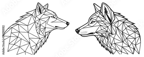 Low Poly Wolf Heads in Geometric Triangular Patterns, Black and White Silhouette