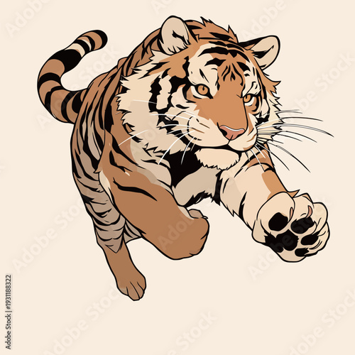 A tiger runs forward with its eyes fixed ahead. The body shows clear features in a plain design.