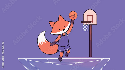 A fox in a sports jersey holds a basketball while jumping towards the hoop on a bright purple background.