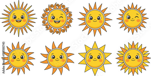 Playful cartoon suns with cheerful faces, varied rays and expressions, colorful designs arranged in rows, perfect for children’s content
