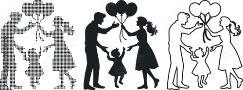 Vector silhouettes of stylish people including a woman with a shopping bag walking with family in black fashion illustration