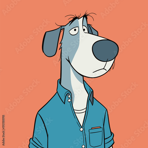 A cartoon dog stands with a neutral expression wearing a blue shirt. The background is bright orange, creating a striking contrast.