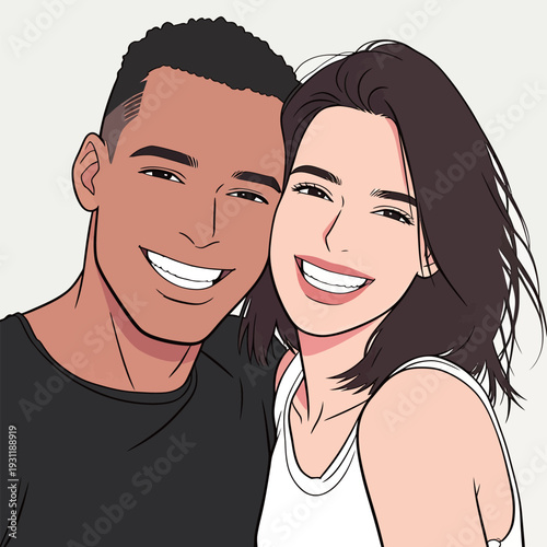 A couple stands together, smiling warmly while enjoying each other's company in a casual setting.