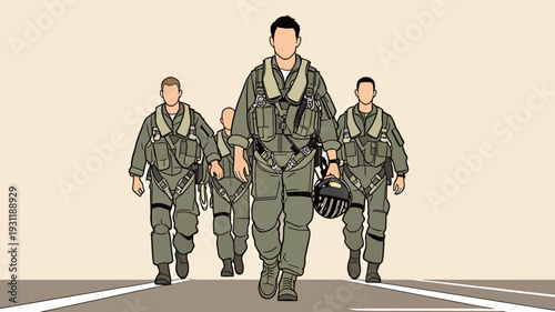 Four pilots walk along a runway ready for a training mission in military gear and helmets under clear skies.