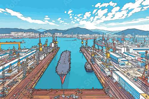 A cargo ship moves through a busy port with cranes and warehouses. Mountains rise in the background under a bright sky.