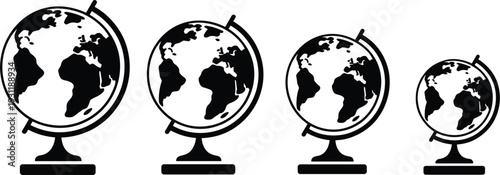 Four Black Silhouette Globes of Different Sizes on White Background Keywords: globe, world, earth, map, geography, planet