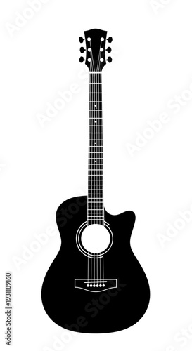 Acoustic Guitar Silhouette, Musical Instrument Icon, Black and White Vector Graphic