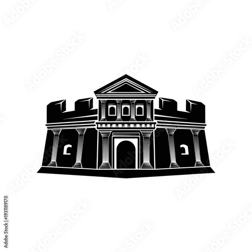 Ancient Fortress Gate with Columns and Battlements, Black and White Architectural Illustration