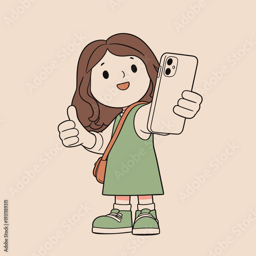 A girl stands with a smartphone in her hand, smiling and showing a thumbs up. She wears a green dress and holds a bag.