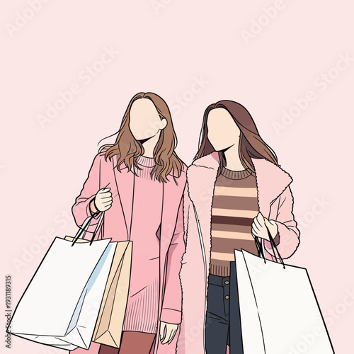 Two women walk together holding shopping bags on a sunny day. They are enjoying their time and sharing smiles.