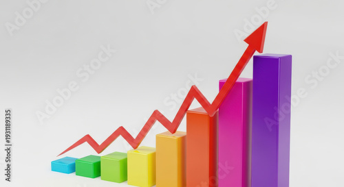 Free Download Colorful Bar Chart Displaying Upward Trend with Red Arrow Symbolizing Positive Growth and Success in Business and Finance on a Clean White Background - GFXLoad
