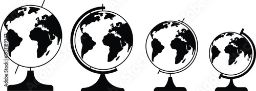 Four Black Silhouette Globes of Different Sizes on White Background Keywords: globe, world, earth, map, geography, planet