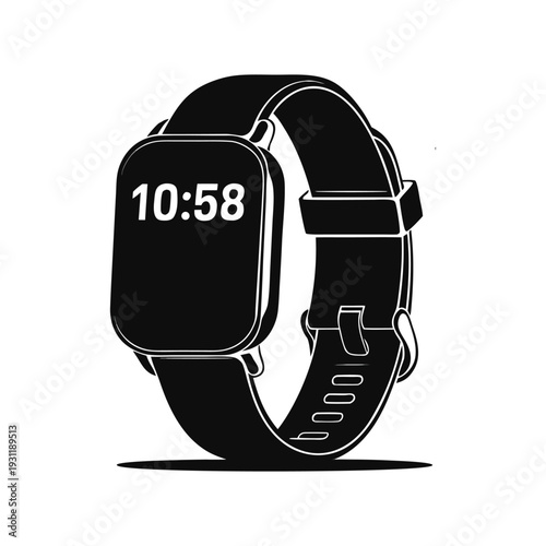 Black and white smartwatch with digital display showing 1058 wristwatch