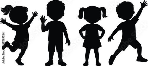 Four Silhouettes of Children in Various Poses on White Background kids black