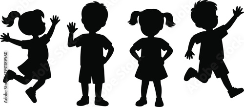 Four Silhouettes of Children in Various Poses on White Background kids black