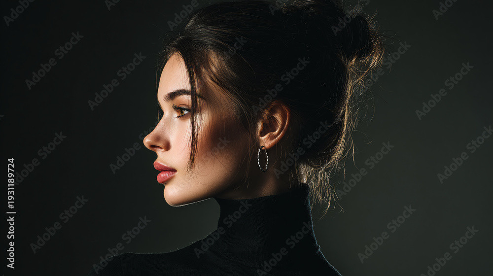 Fototapeta premium fashion portrait of beautiful woman wearing black turtleneck with silver earrings high hair beam elegant profile and stylish studio photography on dark backdrop