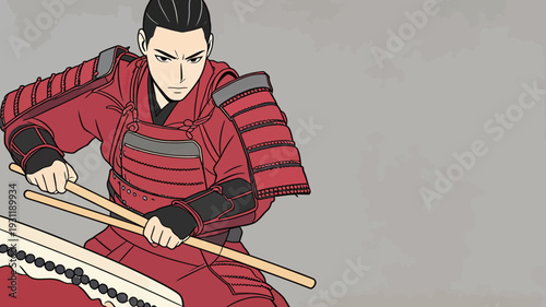 A samurai in a red uniform plays a taiko drum. The scene shows dedication to the craft during a lively cultural event.