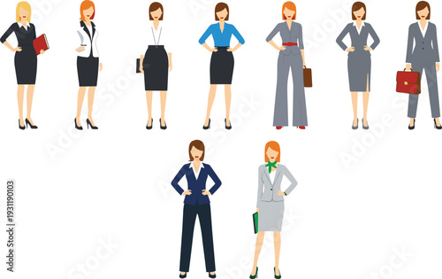 Business women illustration, professional attire, office fashion, workplace diversity, empowerment, leadership, management, career, success, colleagues,