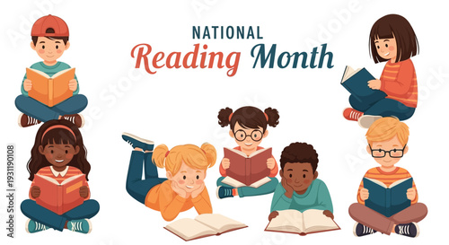 Illustration of children reading books in various poses to celebrate National Reading Month with a colorful design and educational theme.