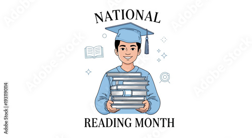 Illustration of a young graduate in a cap and gown holding books, celebrating National Reading Month with a design that promotes literacy and education against a clean white background.