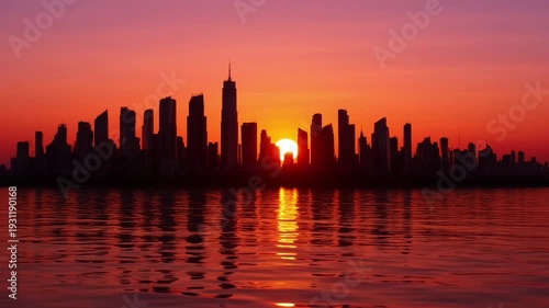 The sun sets over a city skyline, casting a warm glow on the calm water.