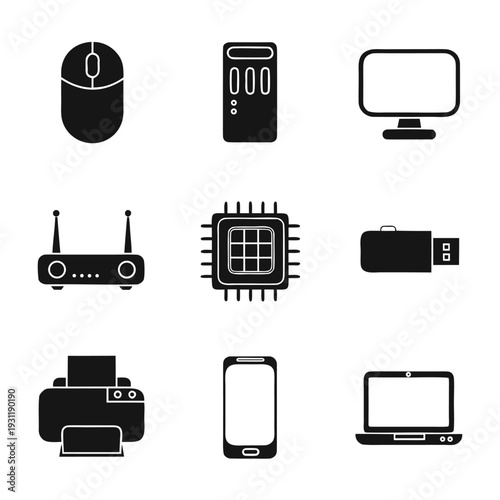 Set of nine black and white tech including computer mouse, smartphone, laptop, monitor, router, chip, flash drive, and printer
