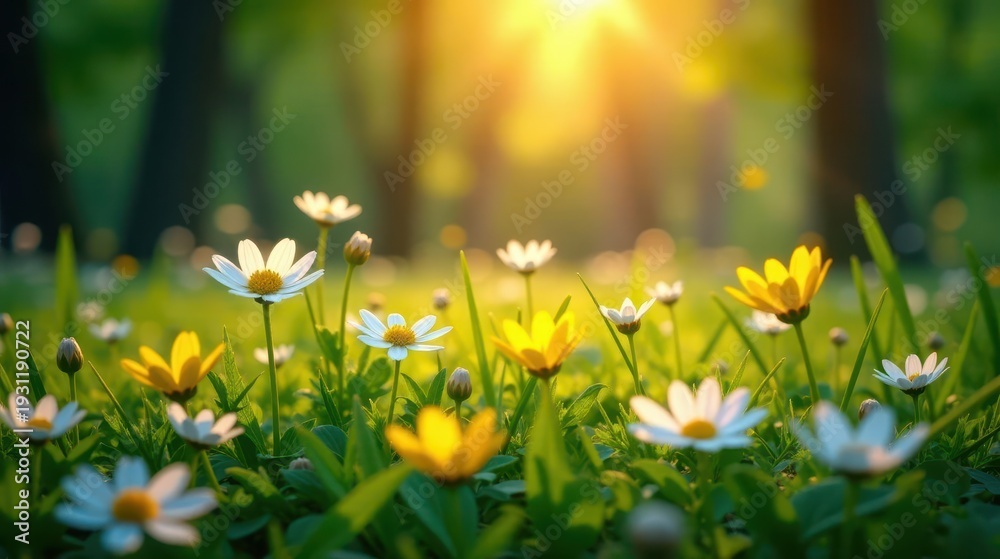 Fototapeta premium Golden hour sunlight illuminates a vibrant meadow of wildflowers, showcasing delicate white and sunny yellow blossoms in a picturesque natural setting