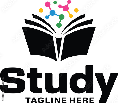 Open book with colorful molecules and the word Study on white background education learning