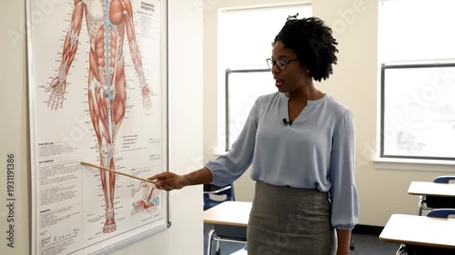 Woman teacher explaining human anatomy.