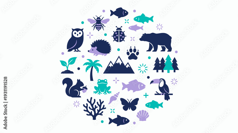 Obraz premium Collection of nature and wildlife icons arranged in a circular shape featuring animals, marine life and plants, concept for ecological education, biodiversity and natural conservation