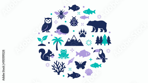 Collection of nature and wildlife icons arranged in a circular shape featuring animals, marine life and plants, concept for ecological education, biodiversity and natural conservation