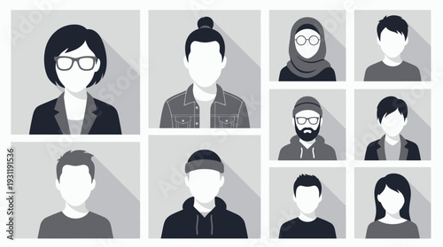 Minimalist avatar icons of diverse office employees, creative managers and professional staff in flat design style, concept for team directory, user profile interface and social media accounts