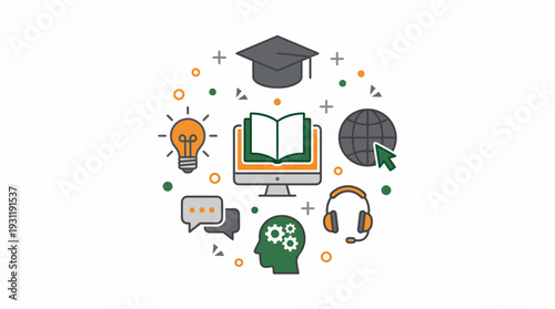 minimalist line art icons of computer monitor with book graduation cap light bulb and brain, concept for online educational platform, digital career development and virtual school training