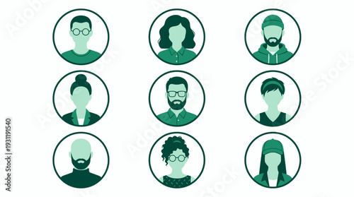 Set of nine green minimalist avatar profile icons featuring diverse professional men and women in circular frames, concept for corporate team page, user account interface and employee directory