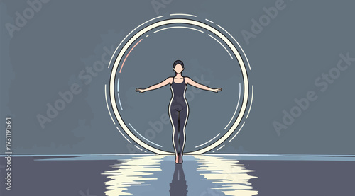 A person stands centered in front of a glowing circle while practicing yoga. The background is plain with light reflecting on the surface.
